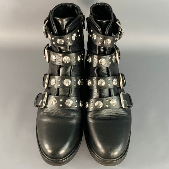 MAJE Size 9 Black Leather Studded Belted Side Zipper Military Ankle Boots - Picture 3 of 8